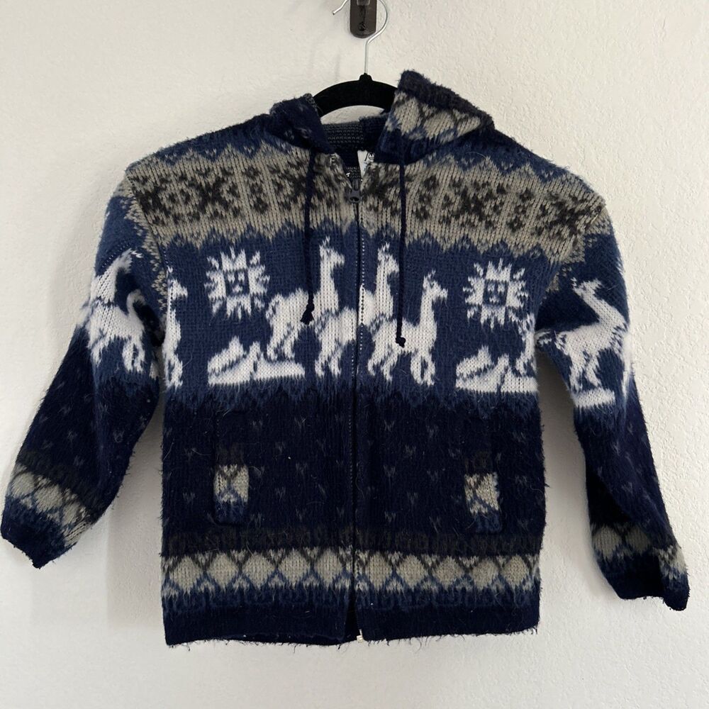 Yari Artesanias Kid's Sweater Blue Wool  Full Zip Hooded Knit Jacket Child Sz 4